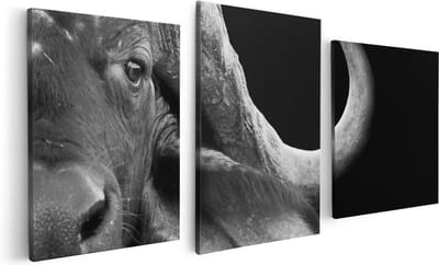 Artaza Canvas Schilderij Drieluik Buffel - Buffelkop - Zwart Wit - 120x60 - Foto Op Canvas - Canvas Print