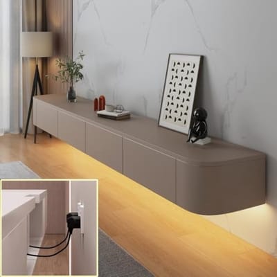 Wandgemonteerde TV kast zwevend lowboard met laden, routerbeugel en LED-verlichting - 240 cm breed, draagvermogen 200 kg, khaki kleur