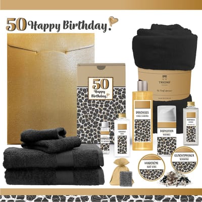 Geschenkset “50 Happy Birthday” - 13 producten - 1980 gram | Cadeau Verjaardag - Luxe wellness cadeaubox - Giftset Speciaal voor Haar - Gefeliciteerd - Verjaardag - Cadeaupakket - Gift Set Party - Verjaardagscadeau - Panter - Zwart