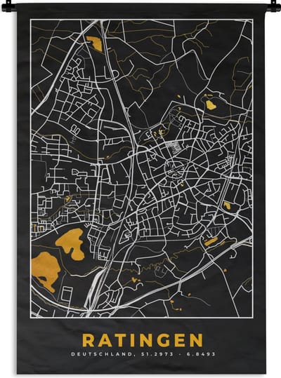 Wandkleed - Wanddoek - Black and Gold – Stadskaart – Ratingen – Duitsland – Plattegrond – Kaart - 120x180 cm - Wandtapijt