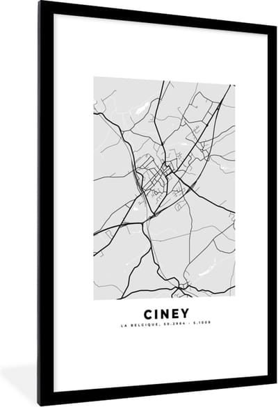 Fotolijst incl. Poster Zwart Wit- Stadskaart – Zwart Wit - Kaart – Ciney – België – Plattegrond - 80x120 cm - Posterlijst