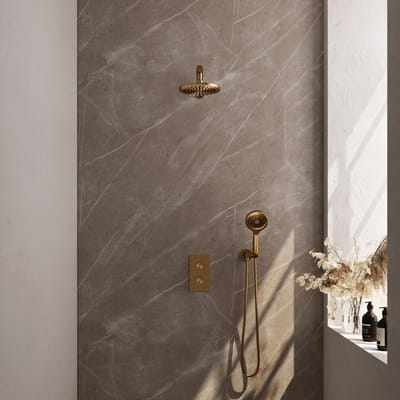 Brauer Gold Edition Thermostatische Regendoucheset Inbouw - Hoofddouche 20 cm - Rechte Wandarm - 3 Weg - Handdouche 3 Standen - Doucheslang - Wandaansluitbocht - Geborsteld Goud
