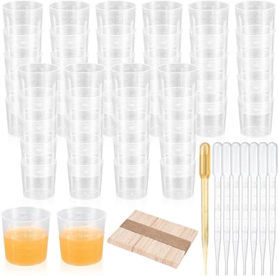 Maatbekers, Kleine Mengbekers, Plastic Maatbeker, Herbruikbare Kleurmengbekers voor Epoxyhars Mallen Lab Koken Schilderen, Inclusief 50 Houten Roerstokjes, 20 stuks 3ml Pipetten
