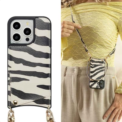 Selencia Hoesje - Geschikt voor Apple iPhone 14 Pro - Backcover met koord en pashouder - Zazzy Zebra