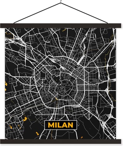 Posterhanger incl. Poster 60x60 cm - Schoolplaat - Milaan - Stadskaart - Goud - Plattegrond - Kaart - Textielposter - Zwarte latten - Stadskaart