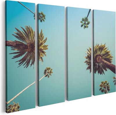 Artaza Canvas Schilderij Vierluik Palmbomen met Bladeren in de Lucht - 80x60 - Foto Op Canvas - Canvas Print