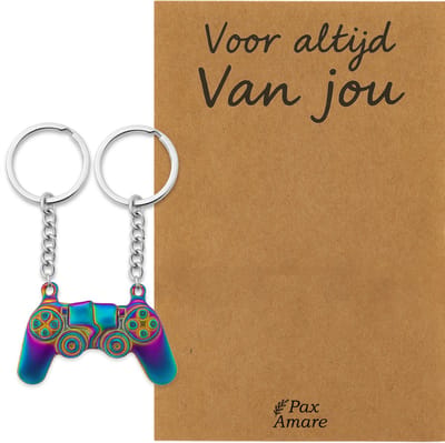 Koppel Sleutelhanger voor 2 'Voor altijd van jou' - Magnetische Controller - Sleutelhanger set op Cadeau Kaartje - Zilverkleurig met Regenboog effect - Persoonlijke Hanger - Pax Amare