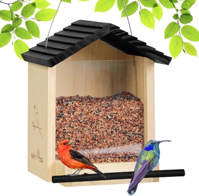 Famanu – Vogelhuis van hout - om op te hangen - voor buiten - weerbestendig - vogelvoederdispenser met zwart dak - vogelvoederhuis met grote capaciteit voor tuin en balkon - 23 x 22 x 27 cm