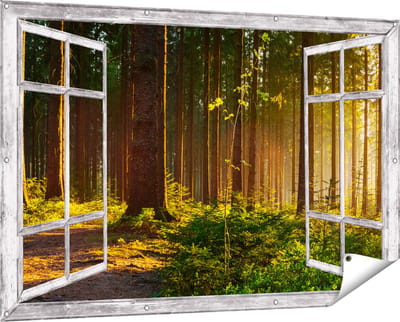 Gards Tuinposter Doorkijk Bos met Zon tussen de Bomen - 150x100 cm - Tuindoek - Tuindecoratie - Wanddecoratie buiten - Tuinschilderij