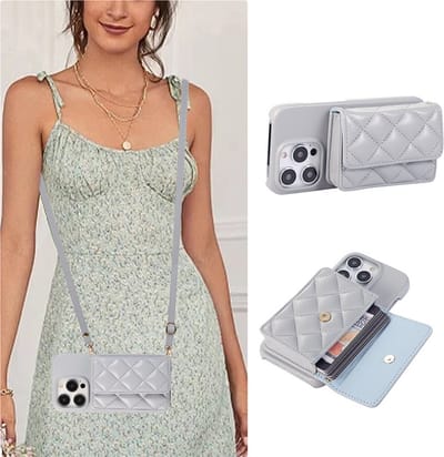 Telefoonhoesje geschikt voor Apple iPhone 15 - Back Cover met Pasjeshouder - Inclusief Schouderkoord - Luxe Telefoontasje - Grijs
