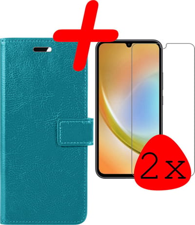 Hoesje Met 2x Screenprotector - Geschikt voor Samsung Galaxy A34 - Luxe Pasjeshouder - Bookcase Portemonee - Flip Case - Kunstleer Book Case - Flipcase Hoes - Book Cover - Walletcase - Portemonneehoes - Turquoise
