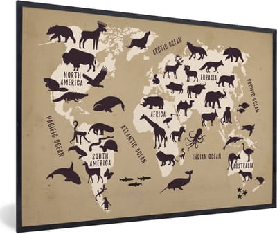 Poster in lijst - Fotolijst 90x60 cm - Posters - Wereldkaart - Dieren - Wereld - Posterlijst zwart - Decoratie - Wanddecoratie woonkamer - Muurdecoratie slaapkamer