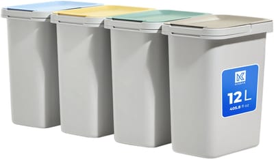 KADAX Vuilnisemmerset voor afvalscheiding, afvalscheidingssysteem, robuuste afvalcontainer met dicht deksel, afvalsorteerder, afvalemmer van kunststof (wit, 4 x 12 l)