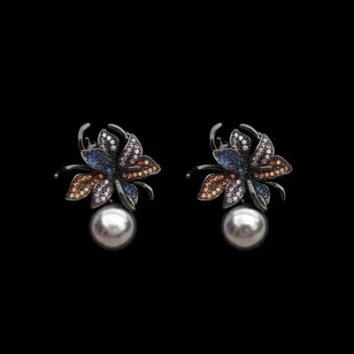 Victoria Valenza Bloem Oorbellen met Grijze Parels en Multicolor Zirkonia Stenen - Oorhangers - Bloem oorbellen - Parel oorbellen - Zirkonia