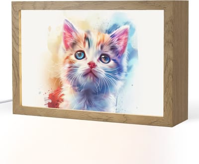 Nachtlampje 30x20 cm - Kinder lampje - Kat - Portret - Kleuren - Verf - Wit - Tafellamp kinderkamer - Slaapkamer lamp - Bedlamp kinderen - Kinderlampje stopcontact - Wandlamp babykamer - Nachtlampjes