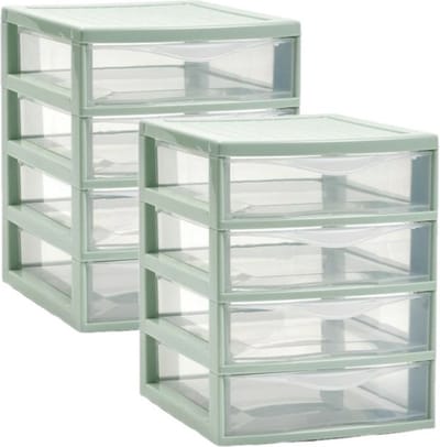 Plasticforte Ladeblokje/bureau organizer 2x lades - mintgroen/transparant - L18 x B21 x H23 cm - plastic
