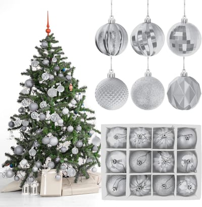 Kerstballen voor boomdecoratie, 12 stuks, zilver plastic, feestelijke ornamenten, diameter 6 cm, kerstversiering, decoratieve ballen voor bruiloften en feesten