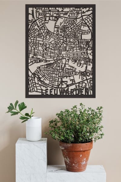 Houten Stadskaart Leeuwarden Zwart Mdf 50x70cm Wanddecoratie Voor Aan De Muur City Shapes