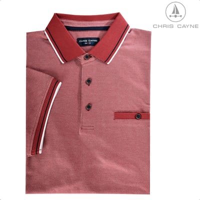 Chris Cayne poloshirt - L - jacquard dessin - donkerrood/offwhite - pique - stretch - borstzak - luxe polo - bruine knoopjes