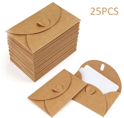 25 Mini-enveloppen - Met kaarten - Vintage mini-cardstock enveloppen - Blanco kaarten - Kleine enveloppen - Hartvormige sluitzegel - Geschikt voor cadeaubonnen - DIY bedankkaartjes - 10,3 x 7 cm