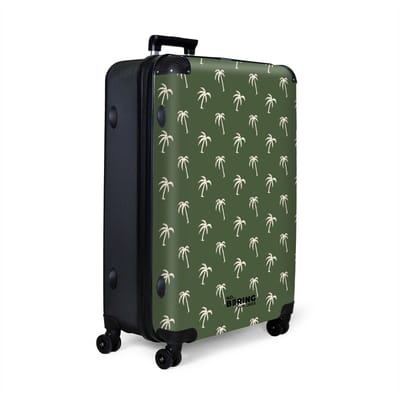 NoBoringSuitcases.com® - Koffer groot - Reiskoffer lichtgewicht - Groen met beige palmbomen print - Reiskoffer met 4 wielen - Reis trolley - Grote valies XL - Bagagekoffer op wieltjes - 98 - 100 liter bagage - Ruimbagage