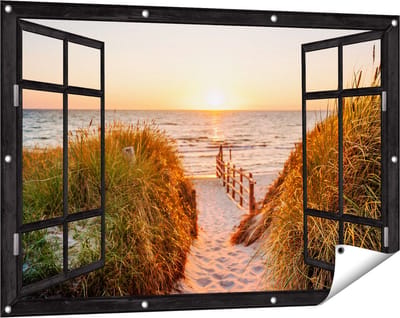 Gards Tuinposter Doorkijk Voetpad in de Duinen met Zonsondergang - 120x80 cm - Tuindoek - Tuindecoratie - Wanddecoratie buiten - Tuinschilderij