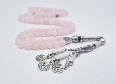 Handgemaakte tesbih "Tasbih" natuursteen "Roze kwartz" - Aantal kralen 99 - Diameter kralen 8MM - met metaal tassel "Cirkels" - Een mooi cadeau-idee