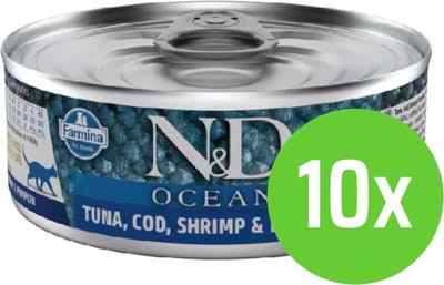 Farmina N&D Kat Ocean Tonijn, Kabeljauw, Garnalen & Pompoen Adult 80 gram - 10 blikjes