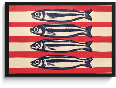 Poster in lijst - Fotolijst 60x40 cm - Posters - Sardines - Rood en beige strepen - Posterlijst zwart - Decoratie - Wanddecoratie woonkamer - Muurdecoratie slaapkamer
