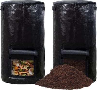 Ulisem - Compostbak - Herbruikbare tuinafvalzak - 34 Gallon (2 stuks) - Polyester - Waterdicht en scheurbestendig - Met ritssluiting - Voor groente- en tuinafval - Snel fermentatie - Zwart