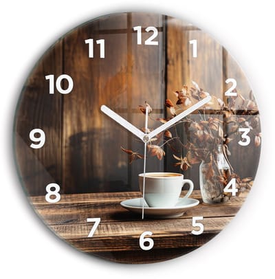 Wallfluent Wandklok - Een kopje koffie Klok met Print - 30 cm x 30 cm - Bruin Wandklok - Witte Handen - Wandklok Met Cijfers - Wandklok voor in de Keuken - Ronde Glazen Klok - Scandinavisch Wandklok - Klok met Print