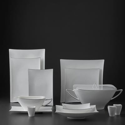 Jumbo Wind Platin Servies 64-Delig – 12 Persoons – Vierkant Porselein Serviesset – Dinerborden Soepborden Dessertborden