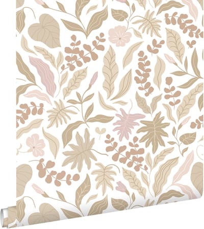 ESTAhome behang bladeren en bloemen beige en roze - 50 x 900 cm - 131047
