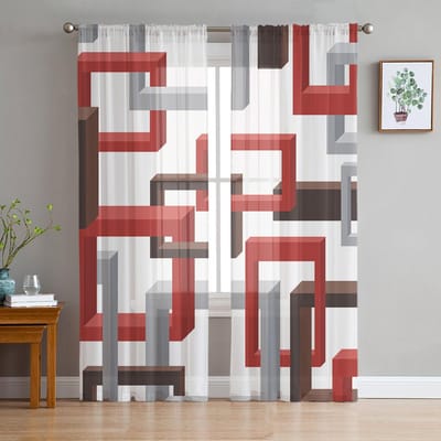 Abstracte geometrische vierkanten kunst zwart rood doorschijnend gordijn woonkamer bedrukt tule raam gordijn luxe huis balkon decor gordijnen 1 PCS W100XH250cm&Grommet Top white