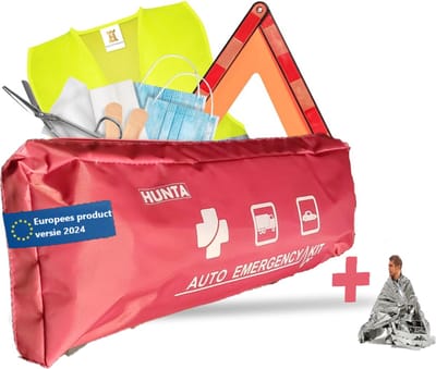 Hunta® Auto Veiligheidsset - EHBO Reis Kit - First Aid Verbandtas - Travel Noodpakket met Gevarendriehoek, Isolatiedeken & Reflecterend Hesje