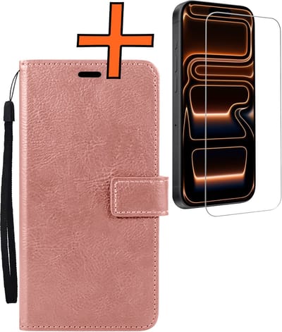 Hoes - Met Screenprotector - Geschikt voor Apple iPhone 17 Pro - Luxe Pasjeshouder - Bookcase Portemonee - Flip Case - Kunstleer Book Case - Flipcase - Book Cover - Walletcase - PortemonneeHoes - Rosé goud