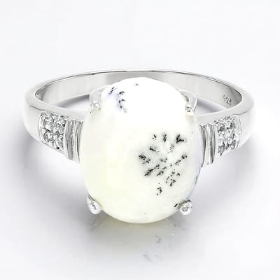 Cavill - Zilveren Dendrieten Agaat Ring - 925 Sterling Zilver - 2,72 Ct Ovaal Cabochon - 8 Witte Topazen Briljantgeslepen - Elegante Ring Maat 17
