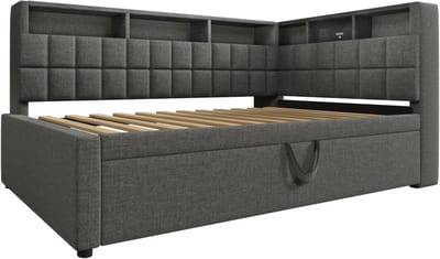 Wishdor Bedbank en Gestoffeerd Bed met Pop-Up Uitschuifbed - Smart L-Hoofdbord met Bluetooth & LED - Linnen Grijs - 90x200 tot 180x200 cm