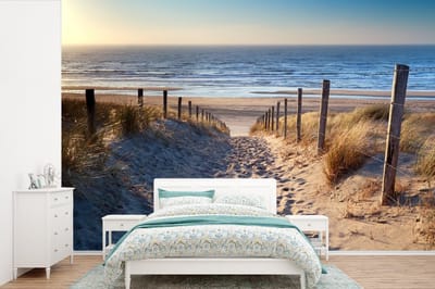 Behang - Fotobehang Zand - Strand - Duin - Zee - Zomer - Breedte 450 cm x hoogte 300 cm