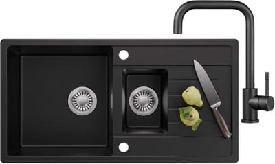 CECIPA MAX Spoelbak Met Kraangat - Granieten Keuken 86x45CM - 1.5 Spoelbak Keuken Met Keukenkraan - Met Afdruiprek en Waterafvoersysteem - 80% Kwarts Zand Spoelbak Keuken - Zwart