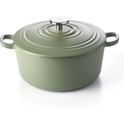 BK Bourgogne Braadpan Gietijzer 24cm/4.2l - inductie braadpan - gietijzeren braadpan - ovenbestendig tot 230 graden - deksel met druipringen - wit geëmailleerde binnenkant - Olijfgroen
