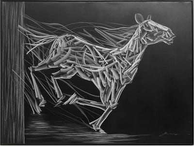 Fine Asianliving Olieverf Schilderij 100% Handgegraveerd 3D met Reliëf Effect en Zwarte Omlijsting 120x90cm Paard