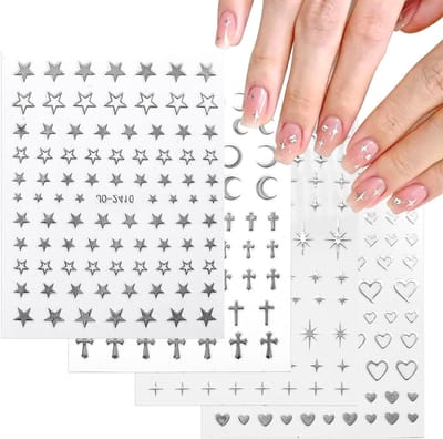 3D Nagelstickers in Zilver met Natuurlijke Ontwerpen van Sterren, Maan en Hart voor Acryl Nagels - Zelfklevend en Creatief Nagelkunstmateriaal