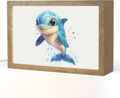 Nachtlampje 30x20 cm - Kinder lampje - Dolfijn - Blauw - Water - Druppels - Tafellamp kinderkamer - Slaapkamer lamp - Bedlamp kinderen - Kinderlampje stopcontact - Wandlamp babykamer - Nachtlampjes