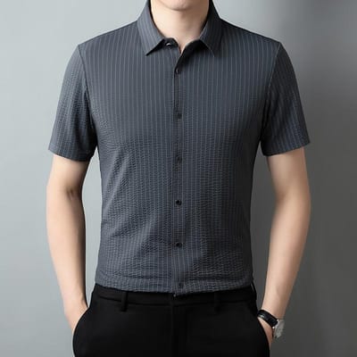 Korte Mouw Zomer Nieuw Gestreept Bedrukt Hoge Elasticiteit Strijkloos Zakelijk Kraag Naadloos Shirt voor Mannen XXXXL black