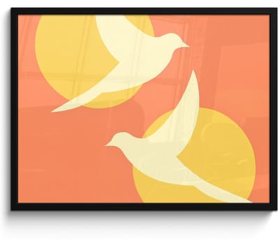 Poster in lijst - Fotolijst 70x50 cm - Posters - Vogels - Cirkels - Geel - Posterlijst zwart - Decoratie - Wanddecoratie woonkamer - Muurdecoratie slaapkamer