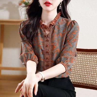 Dames Zomer Retro Print Shirt Nieuwe Stijl Middenleeftijd Moeder Temperament Losse Buikbedekking en Driekwartsmouwen 3XL gray