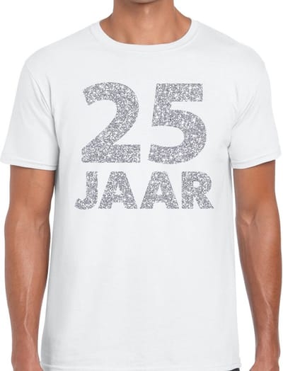 25 jaar verjaardag t-shirt - wit - voor heren - zilver glitters print - jubileum - leeftijd - korte mouwen S