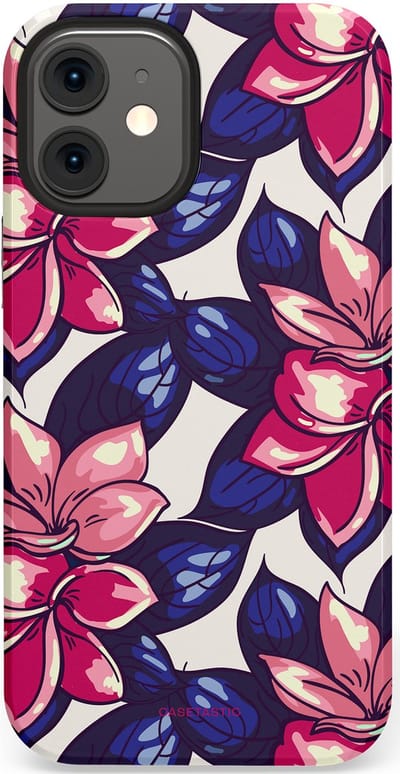 Casetastic hoesje geschikt voor Apple iPhone 12 Mini - Dubbellaagse bescherming - Tropen paradijs - Fashion Case - Donkerblauw Roze Koraal Lila