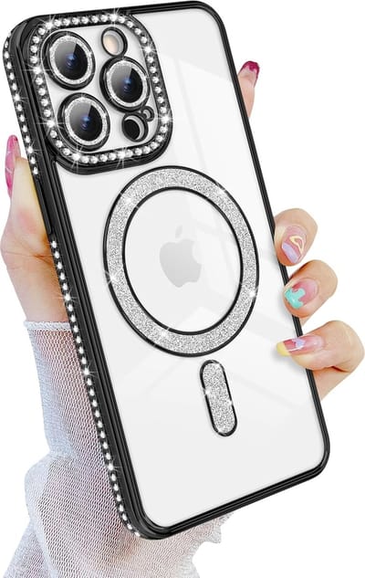 Magnetische Case Hoes Geschikt voor: iPhone 16 Pro Max [Compatibel met Magsafe] Sparkle Clear Glitter Luxe Schokbestendig Antislip Meisjes Vrouwen - Zachte TPU Cover - Zwart